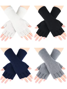 4 Pairs Long Fingerless Gloves Knitted Arm Warmers Winter Long Half Finger Mittens for Kids Black white gray navy Blue for 6-10 Years Old