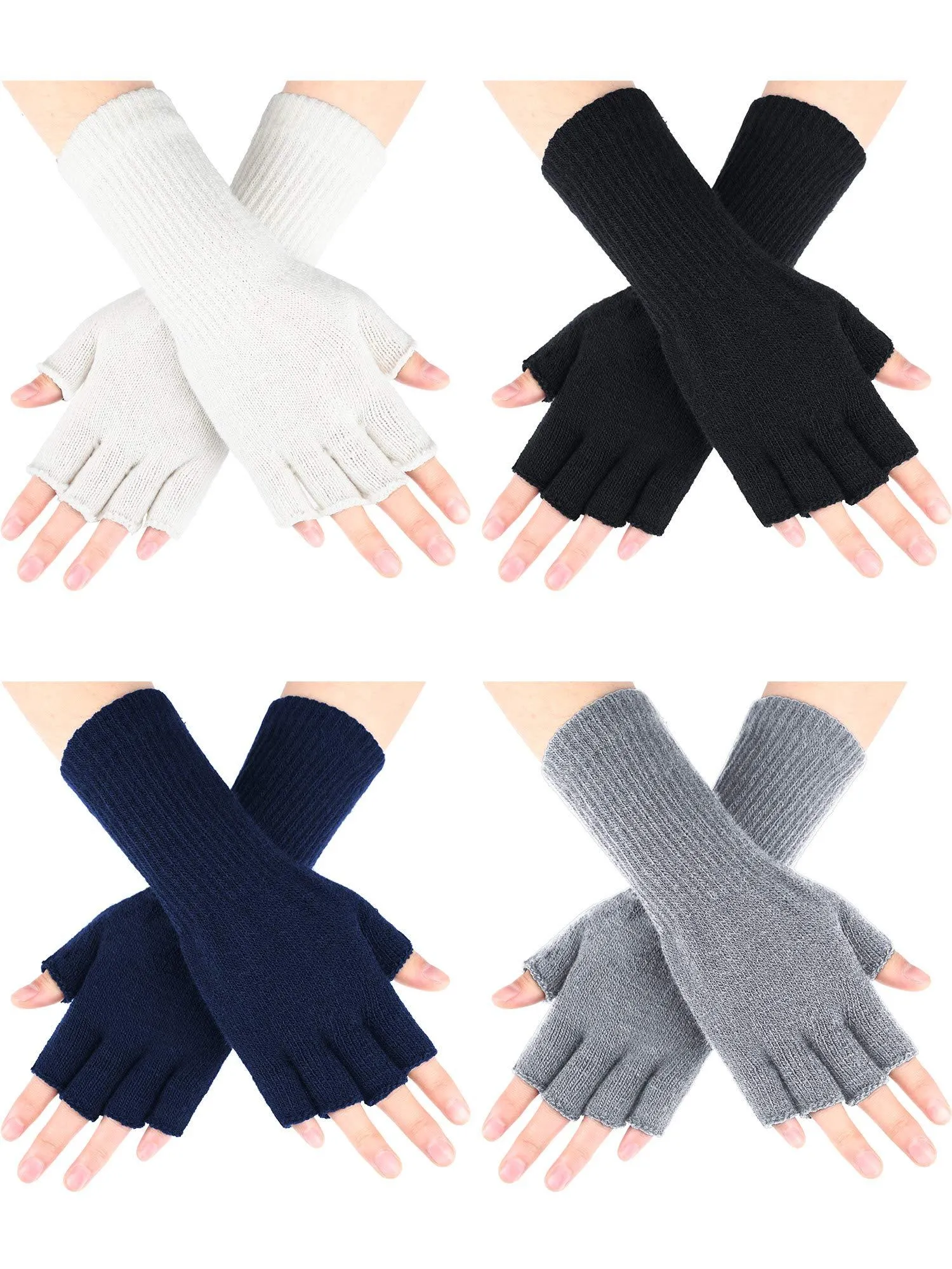 4 Pairs Long Fingerless Gloves Knitted Arm Warmers Winter Long Half Finger Mittens for Kids Black white gray navy Blue for 6-10 Years Old