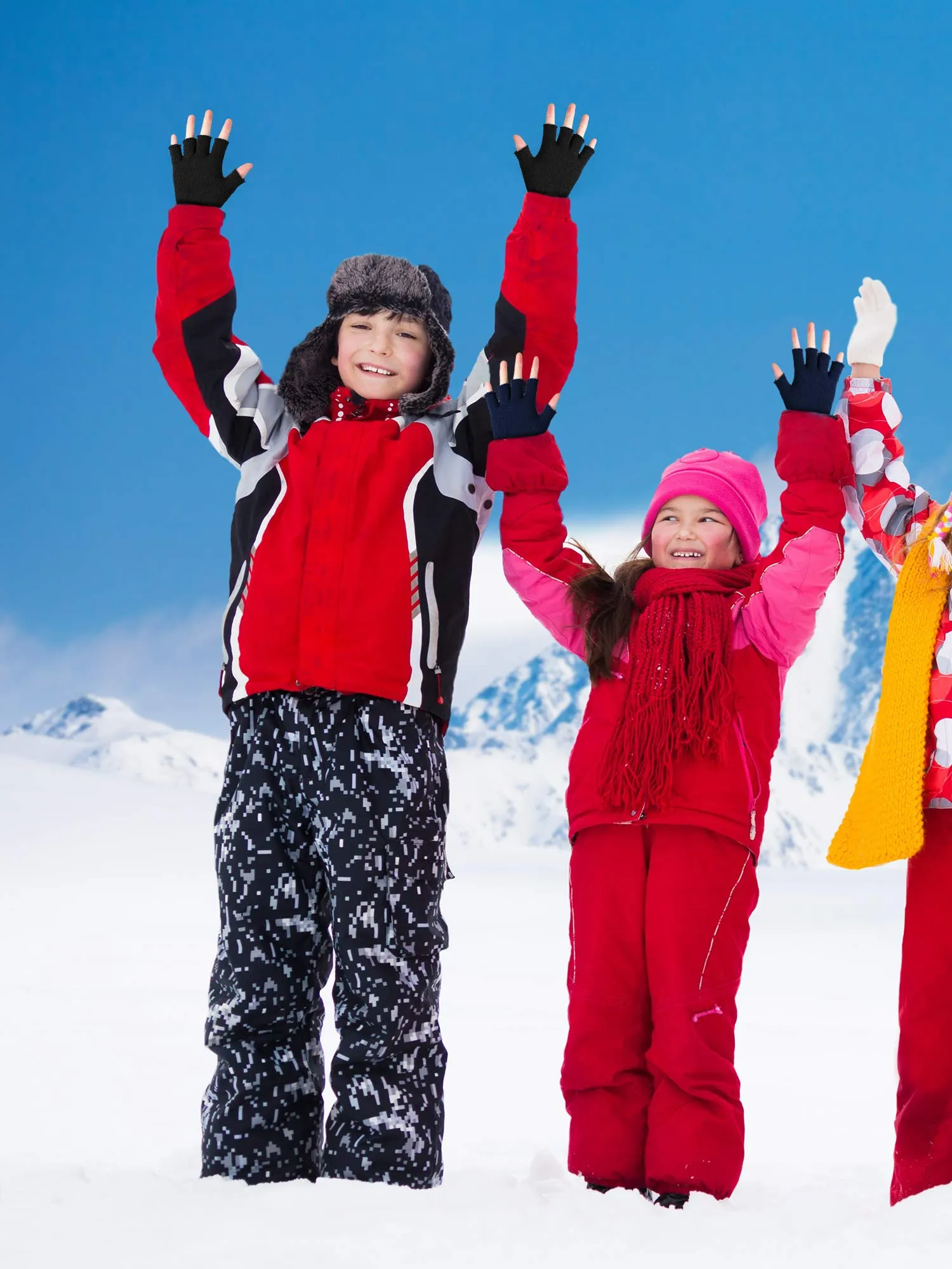 4 Pairs Long Fingerless Gloves Knitted Arm Warmers Winter Long Half Finger Mittens for Kids Black white gray navy Blue for 6-10 Years Old