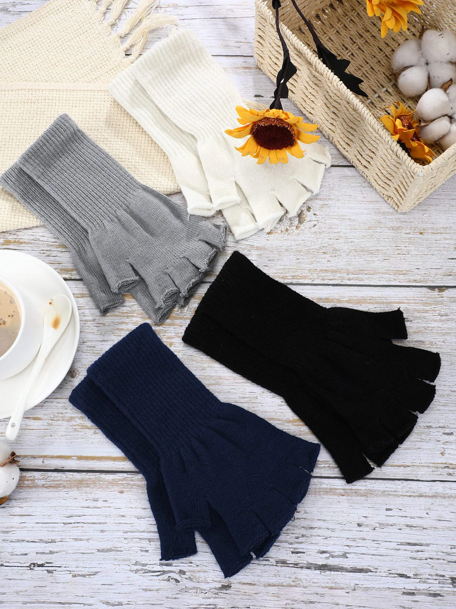 4 Pairs Long Fingerless Gloves Knitted Arm Warmers Winter Long Half Finger Mittens for Kids Black white gray navy Blue for 6-10 Years Old