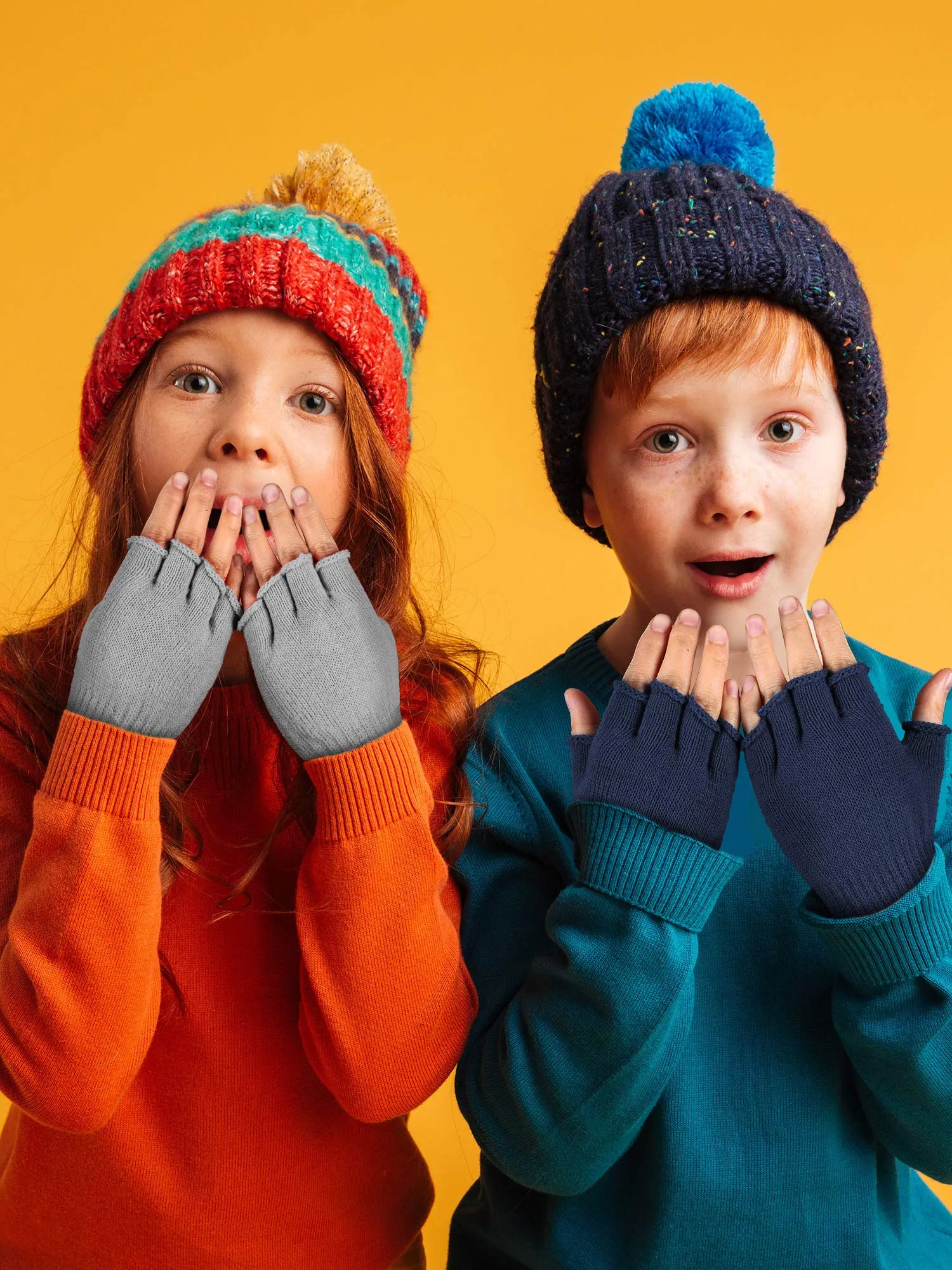 4 Pairs Long Fingerless Gloves Knitted Arm Warmers Winter Long Half Finger Mittens for Kids Black white gray navy Blue for 6-10 Years Old