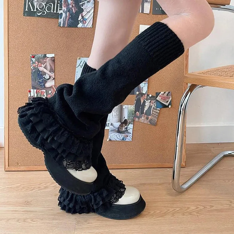 Bonnyshow Y2K Fairycore Kawaii Flare High Stocking Japanese Lolita Knitted Leg Warmers 2000s Retro Ruffled Lace Tirm Calf Socks Women