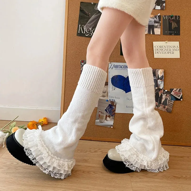 Bonnyshow Y2K Fairycore Kawaii Flare High Stocking Japanese Lolita Knitted Leg Warmers 2000s Retro Ruffled Lace Tirm Calf Socks Women