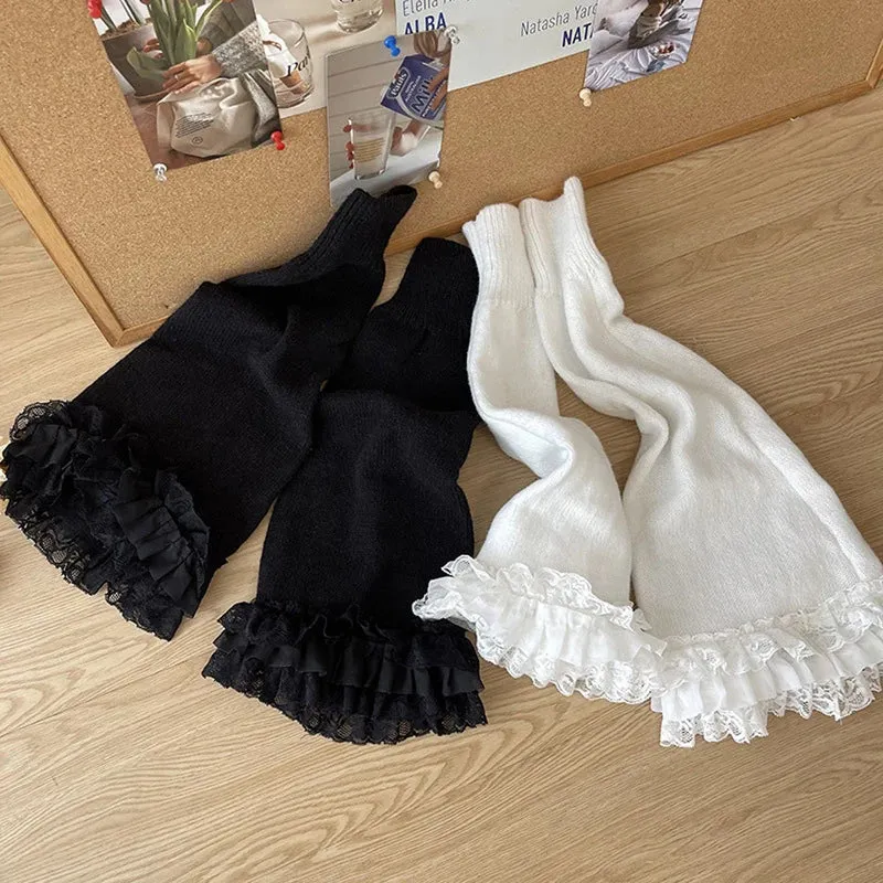 Bonnyshow Y2K Fairycore Kawaii Flare High Stocking Japanese Lolita Knitted Leg Warmers 2000s Retro Ruffled Lace Tirm Calf Socks Women
