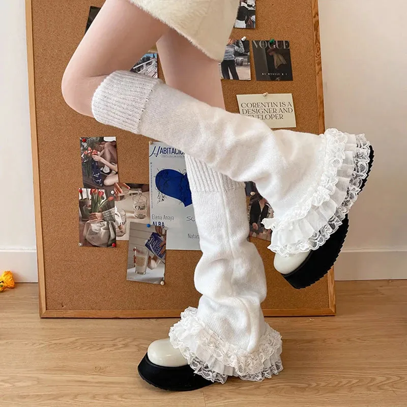 Bonnyshow Y2K Fairycore Kawaii Flare High Stocking Japanese Lolita Knitted Leg Warmers 2000s Retro Ruffled Lace Tirm Calf Socks Women