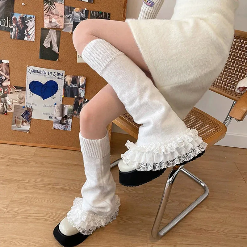 Bonnyshow Y2K Fairycore Kawaii Flare High Stocking Japanese Lolita Knitted Leg Warmers 2000s Retro Ruffled Lace Tirm Calf Socks Women