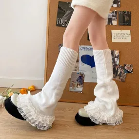 Bonnyshow Y2K Fairycore Kawaii Flare High Stocking Japanese Lolita Knitted Leg Warmers 2000s Retro Ruffled Lace Tirm Calf Socks Women
