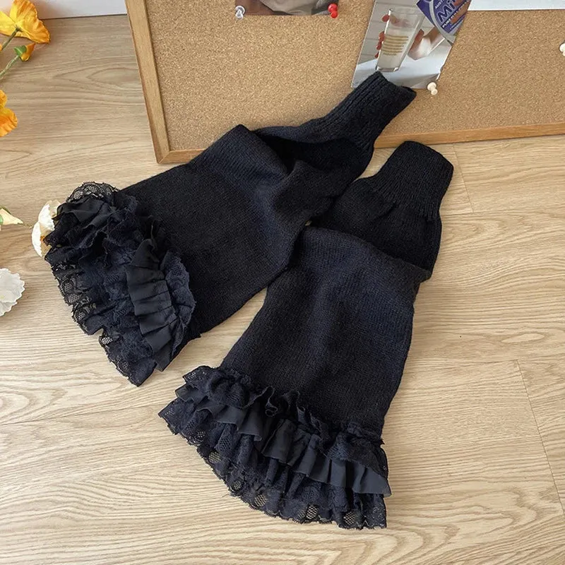 Bonnyshow Y2K Fairycore Kawaii Flare High Stocking Japanese Lolita Knitted Leg Warmers 2000s Retro Ruffled Lace Tirm Calf Socks Women