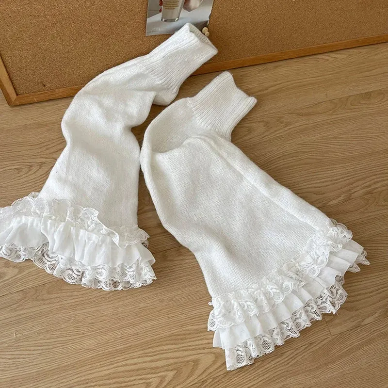 Bonnyshow Y2K Fairycore Kawaii Flare High Stocking Japanese Lolita Knitted Leg Warmers 2000s Retro Ruffled Lace Tirm Calf Socks Women