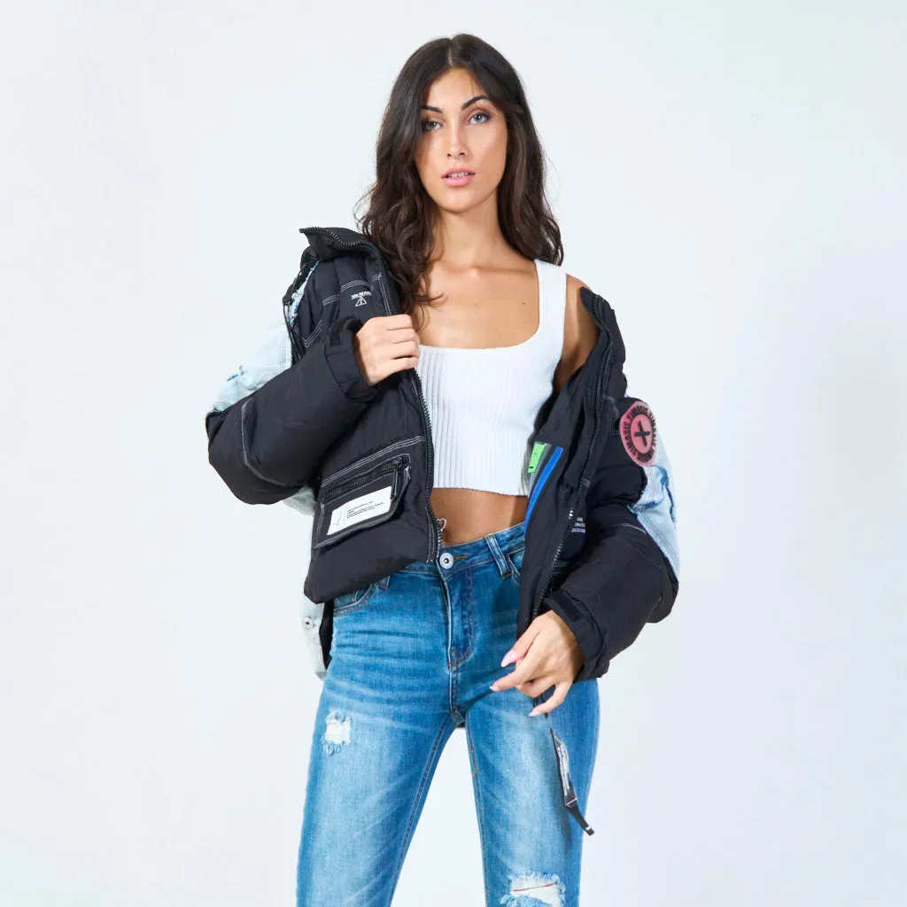 Denim-accent puffer jacket with zip details wholesale