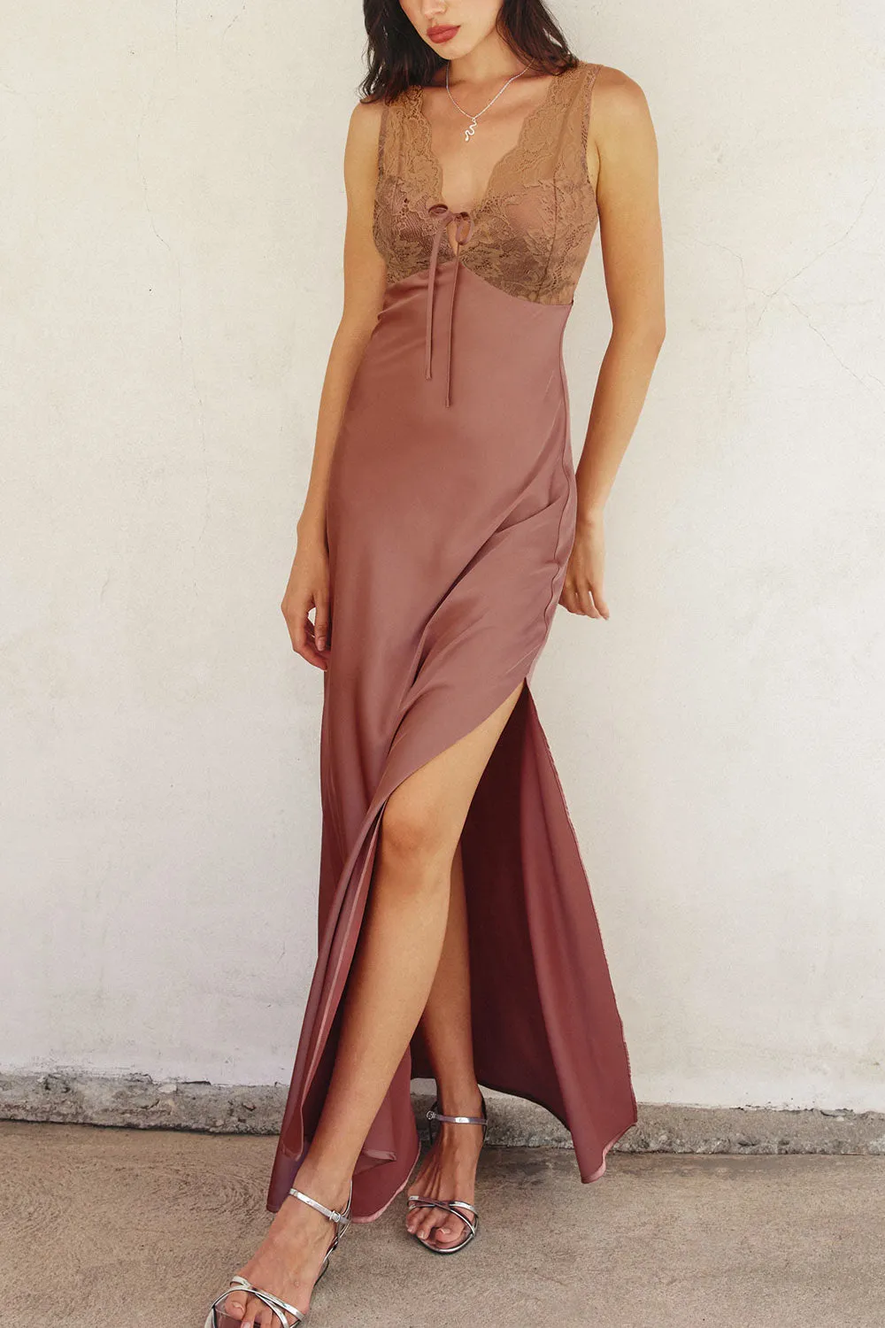 Evara Mauve | Maxi Satin Slip Dress w/ Lace