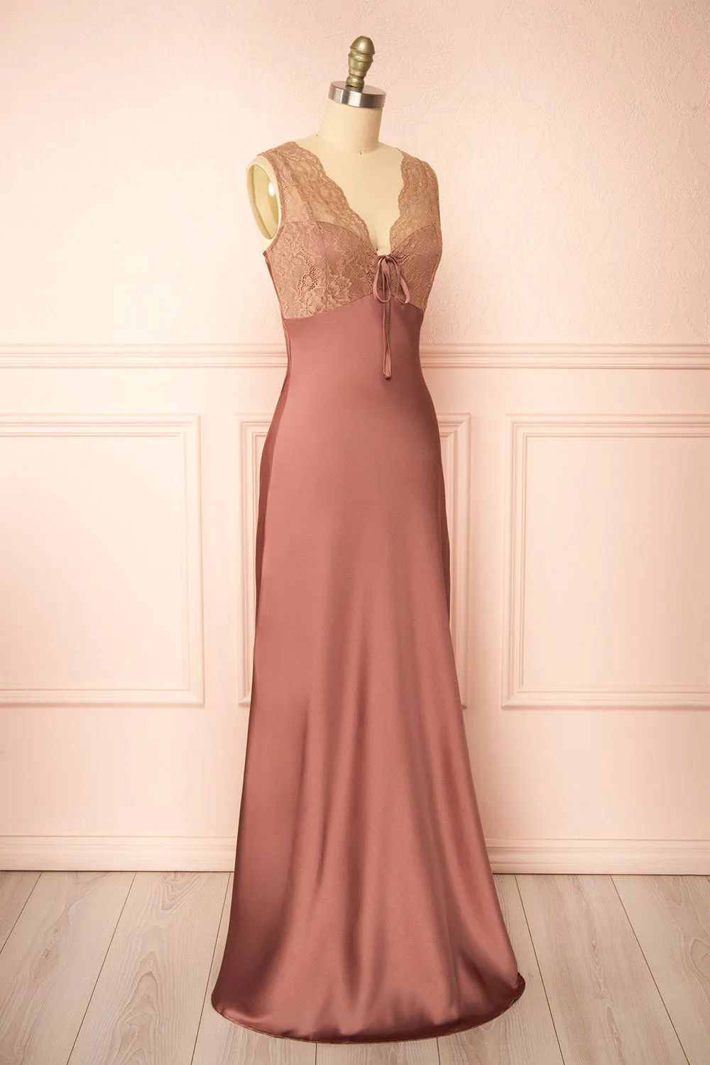 Evara Mauve | Maxi Satin Slip Dress w/ Lace