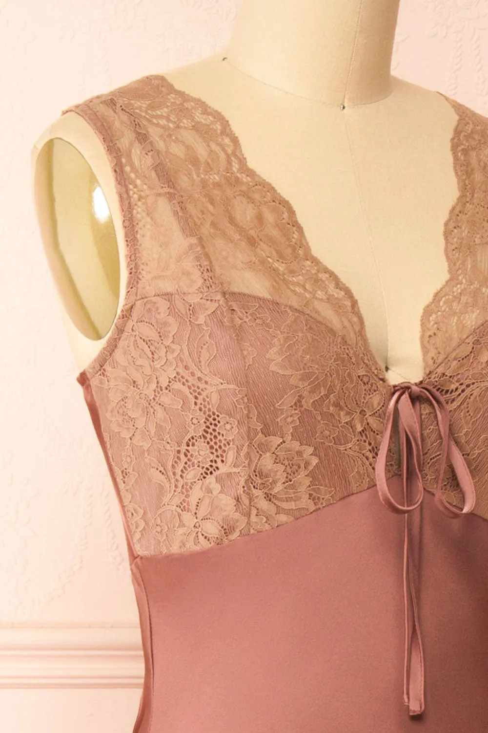 Evara Mauve | Maxi Satin Slip Dress w/ Lace