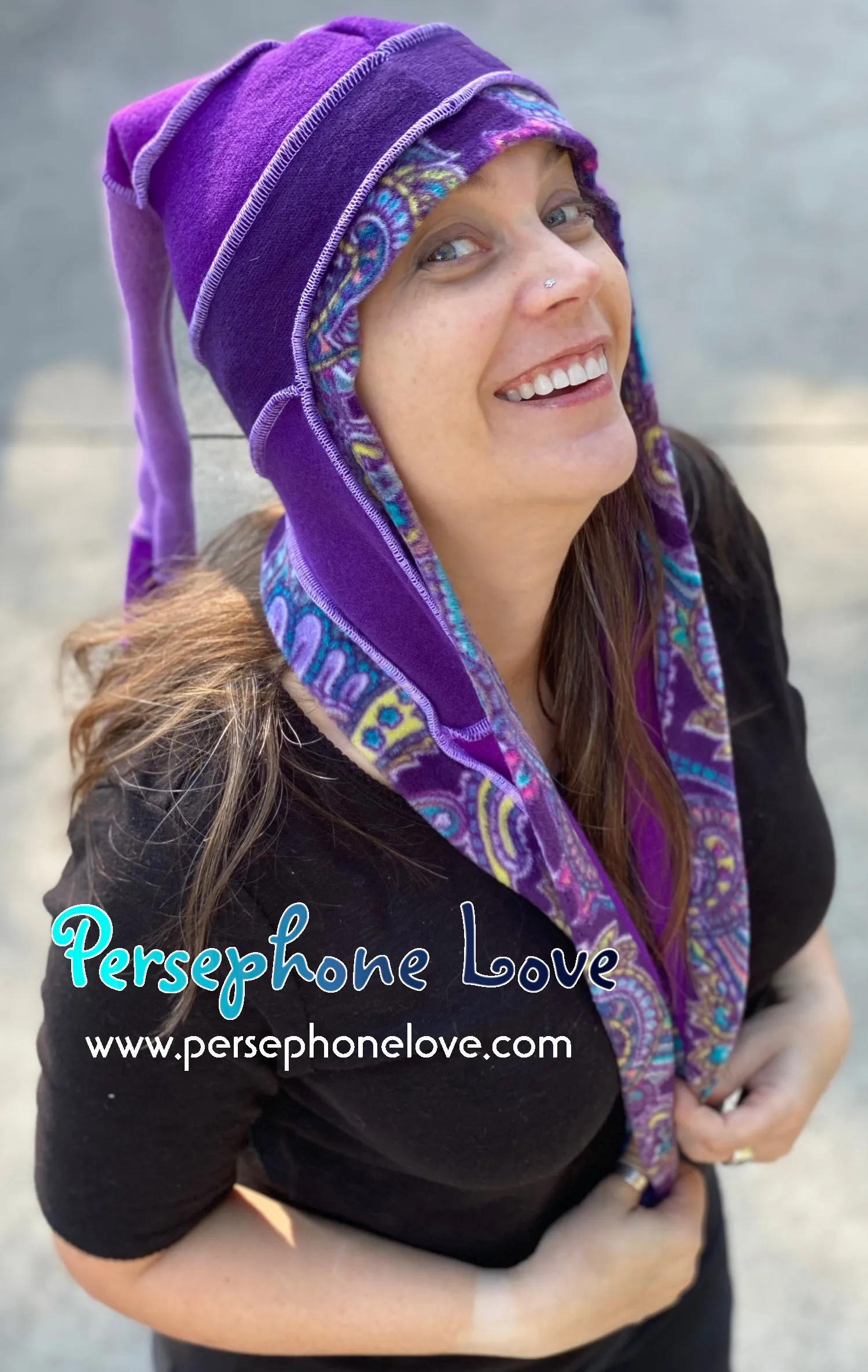 Katwise inspired purple paisley felted 100% cashmere/fleece pixie elf hat-SMALL-1456