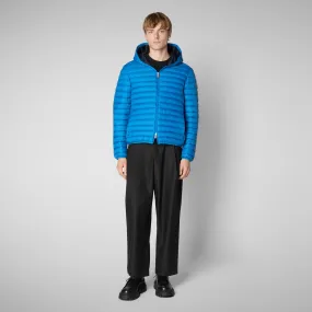 Man's animal free hooded puffer jacket Donald in blue berry