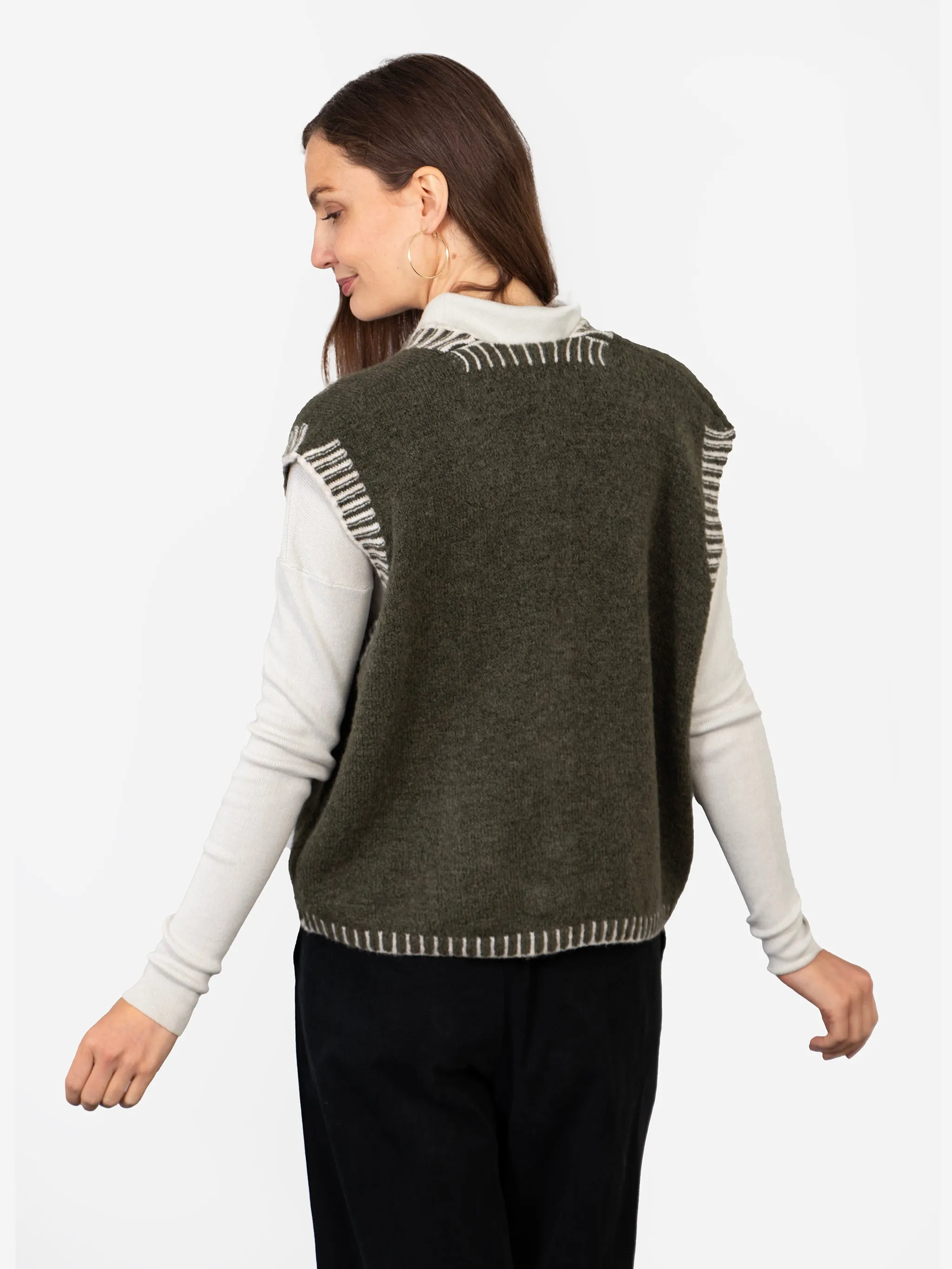 Molly Button Up Vest - Khaki/Cream, Contrast Stitch