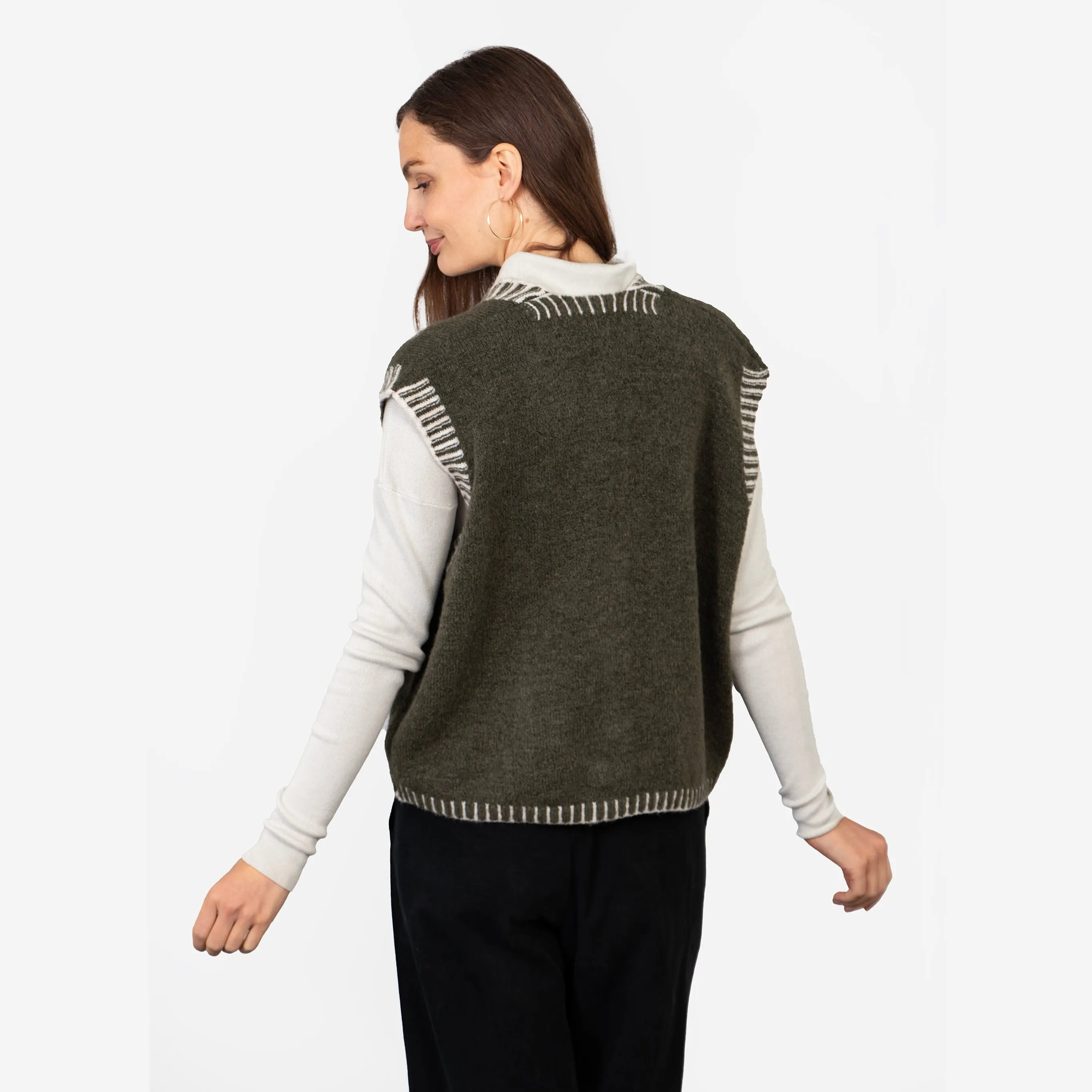 Molly Button Up Vest - Khaki/Cream, Contrast Stitch