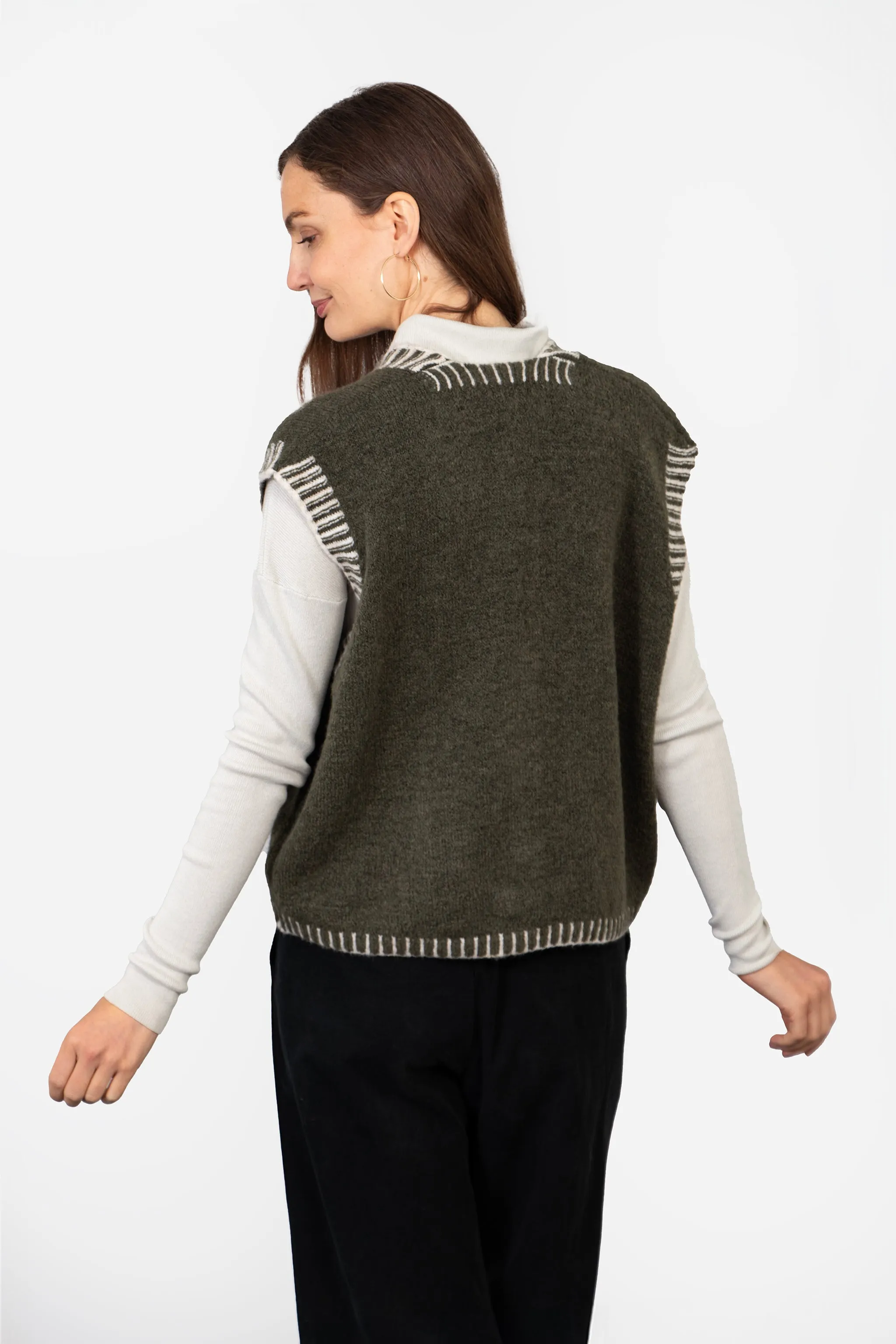 Molly Button Up Vest - Khaki/Cream, Contrast Stitch