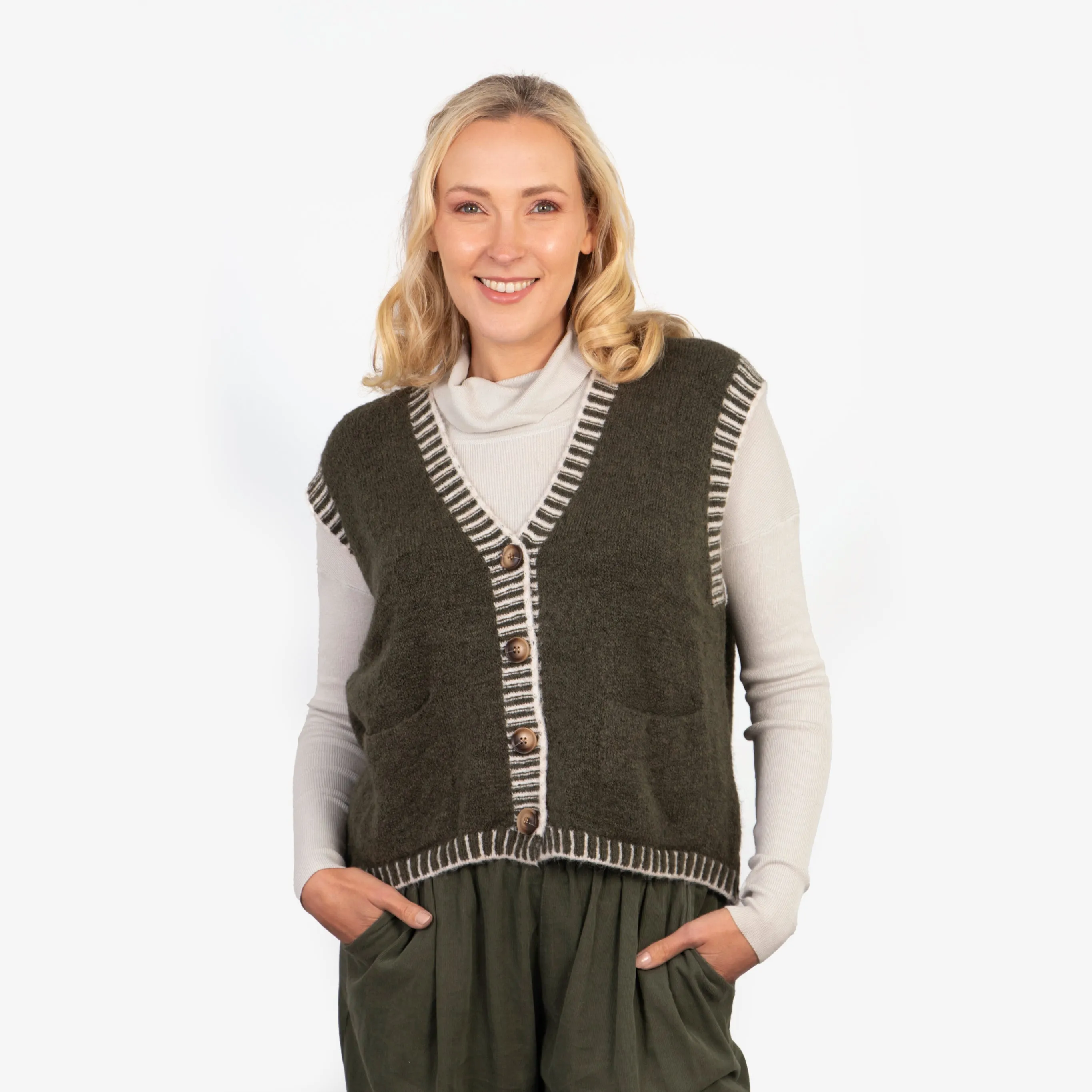 Molly Button Up Vest - Khaki/Cream, Contrast Stitch