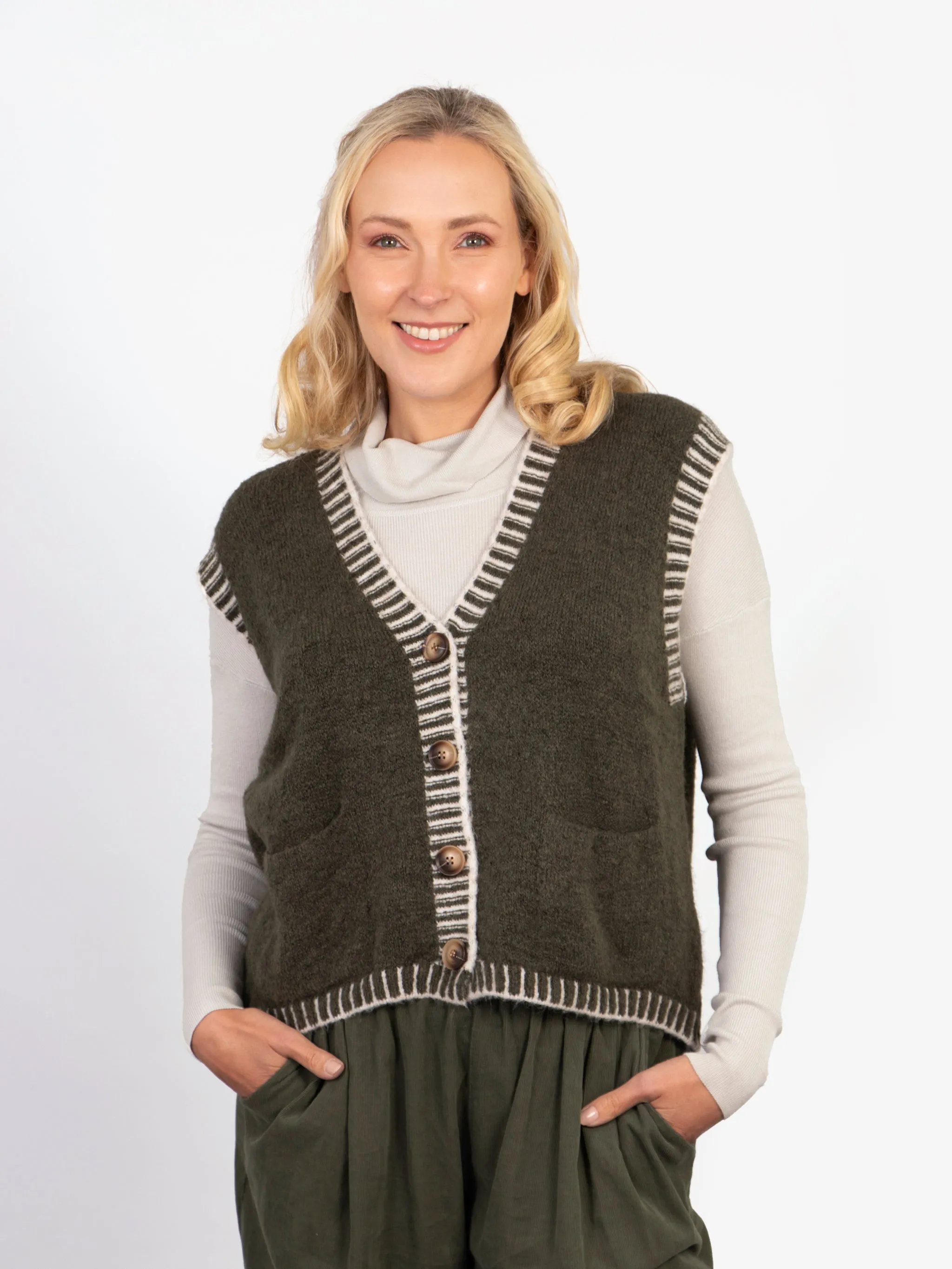 Molly Button Up Vest - Khaki/Cream, Contrast Stitch