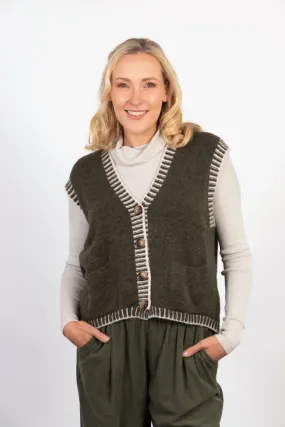 Molly Button Up Vest - Khaki/Cream, Contrast Stitch Molly Button Up Vest - Khaki/Cream, Contrast Stitch