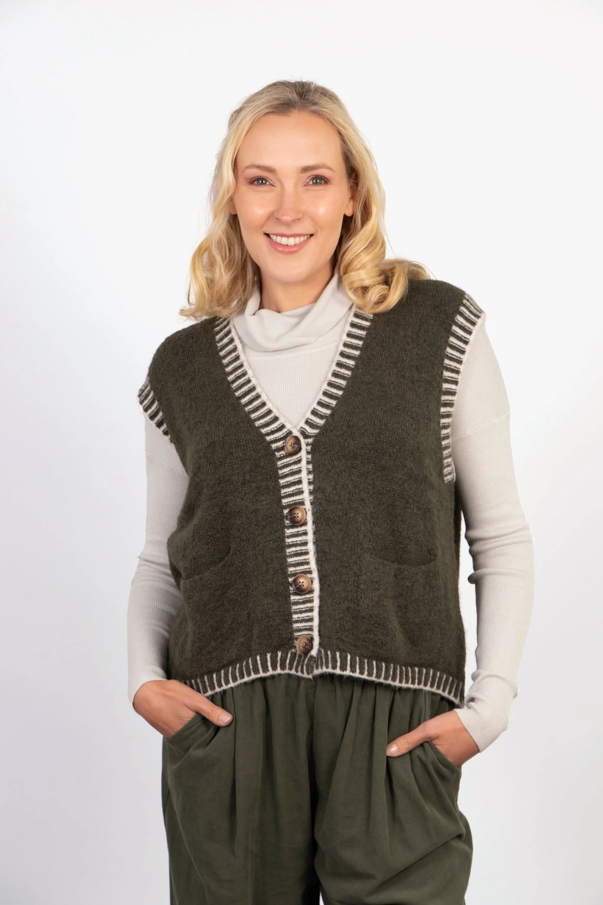 Molly Button Up Vest - Khaki/Cream, Contrast Stitch