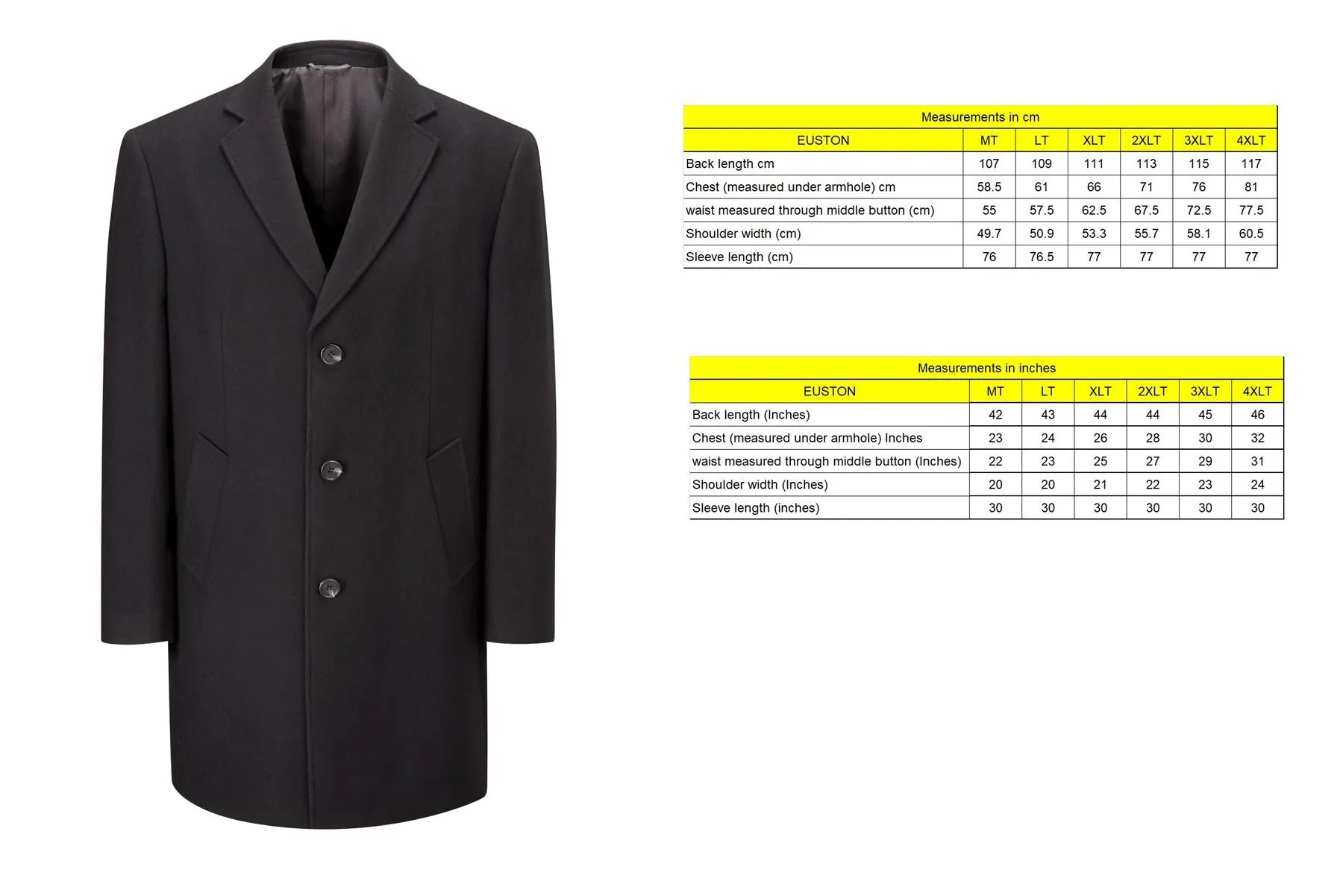 SKOPES Mens Extra Tall Wool Blend Over Coat (Euston) in Black