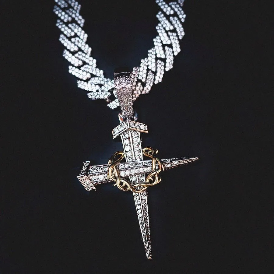Two-Tone Large Dagger Cross in White/Yellow Gold