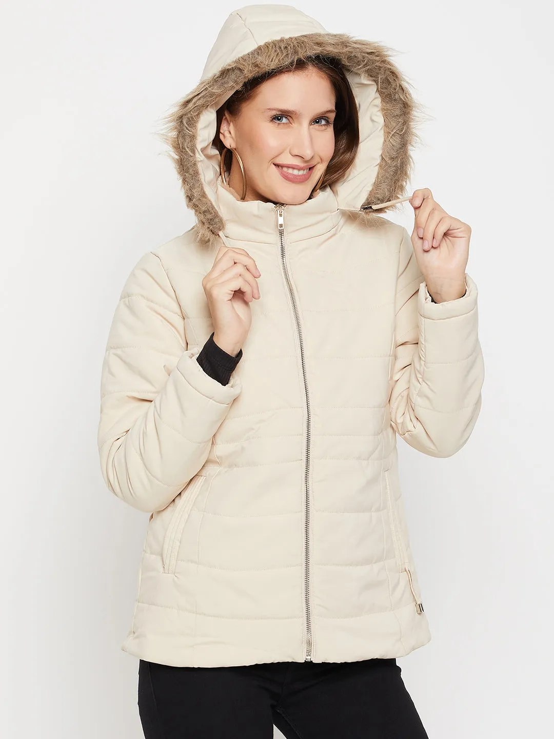 Women's Casual  Beige Quilted Detachable Hood with Faux Fur trim Puffer Jacket