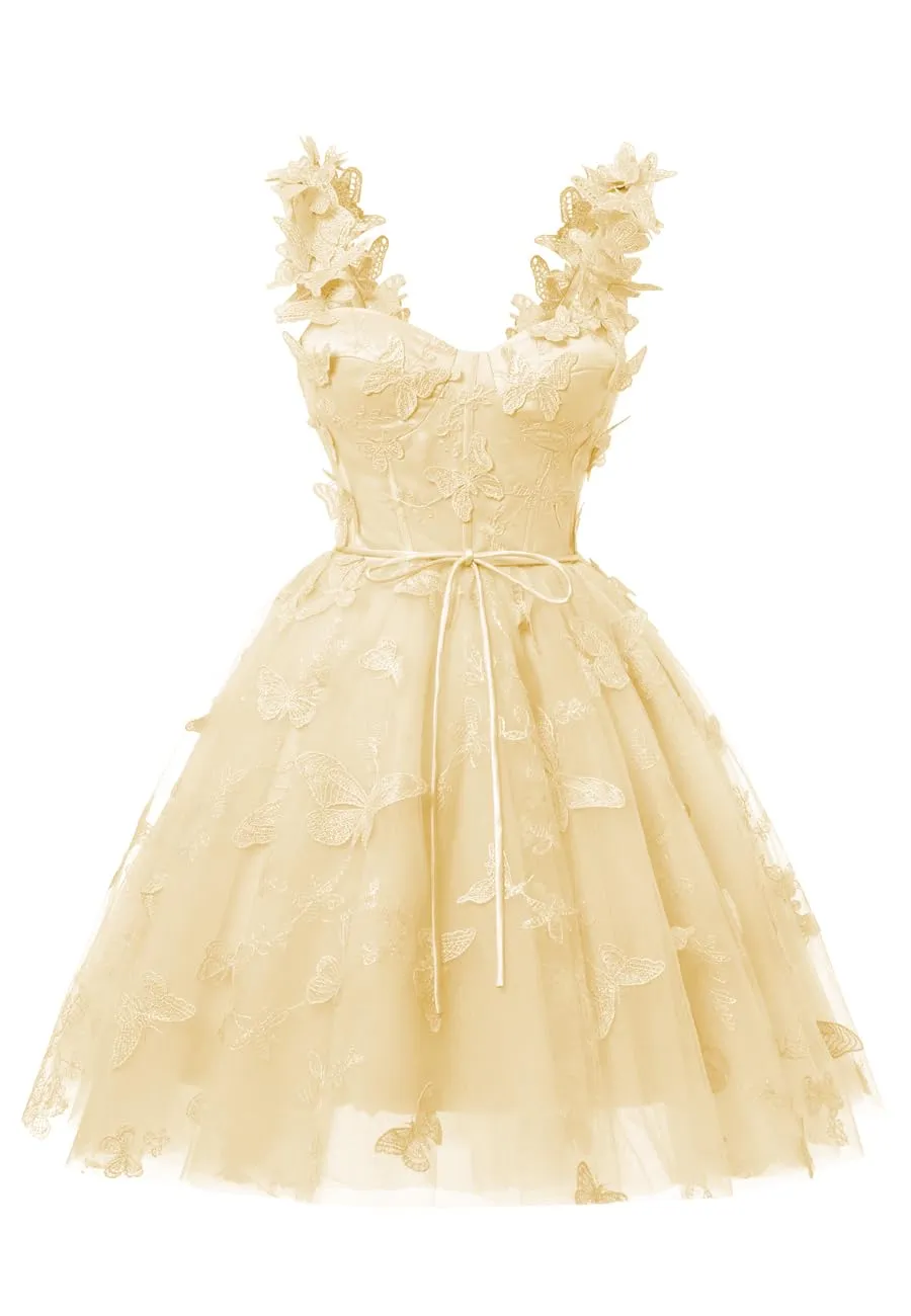 Yellow 3D Butterfly Lace Applique Tulle Homecoming Dress for Teens Sweetheart Mini Short Prom Dresses